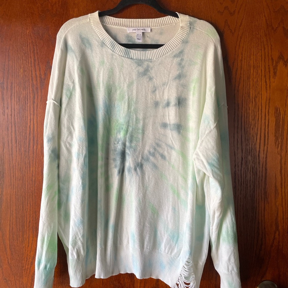 Peace Love World Gem Tie-Dye Sweater With Distressed Hem Detail